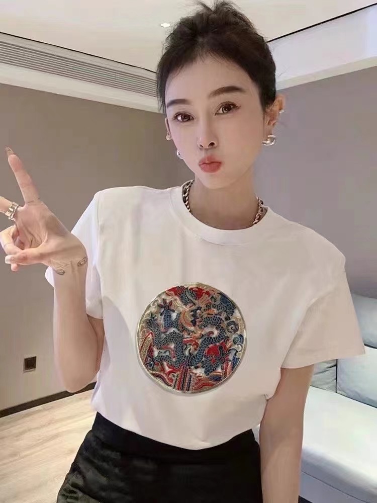新中式國風短袖t恤女2024新款夏季寬鬆小眾設計感獨特别致上衣女