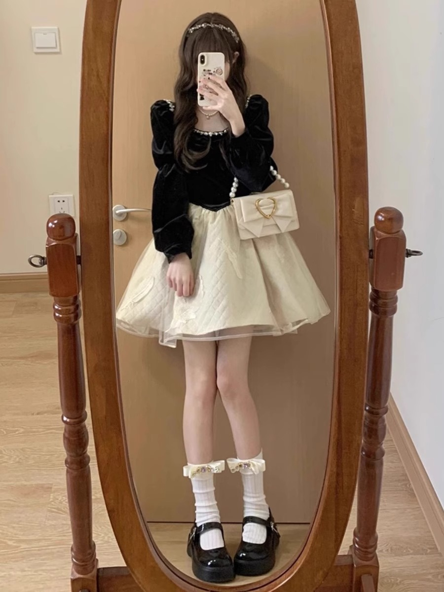 富家千金小個子連衣裙女春秋高級感生日禮服公主蓬蓬赫本風小黑裙