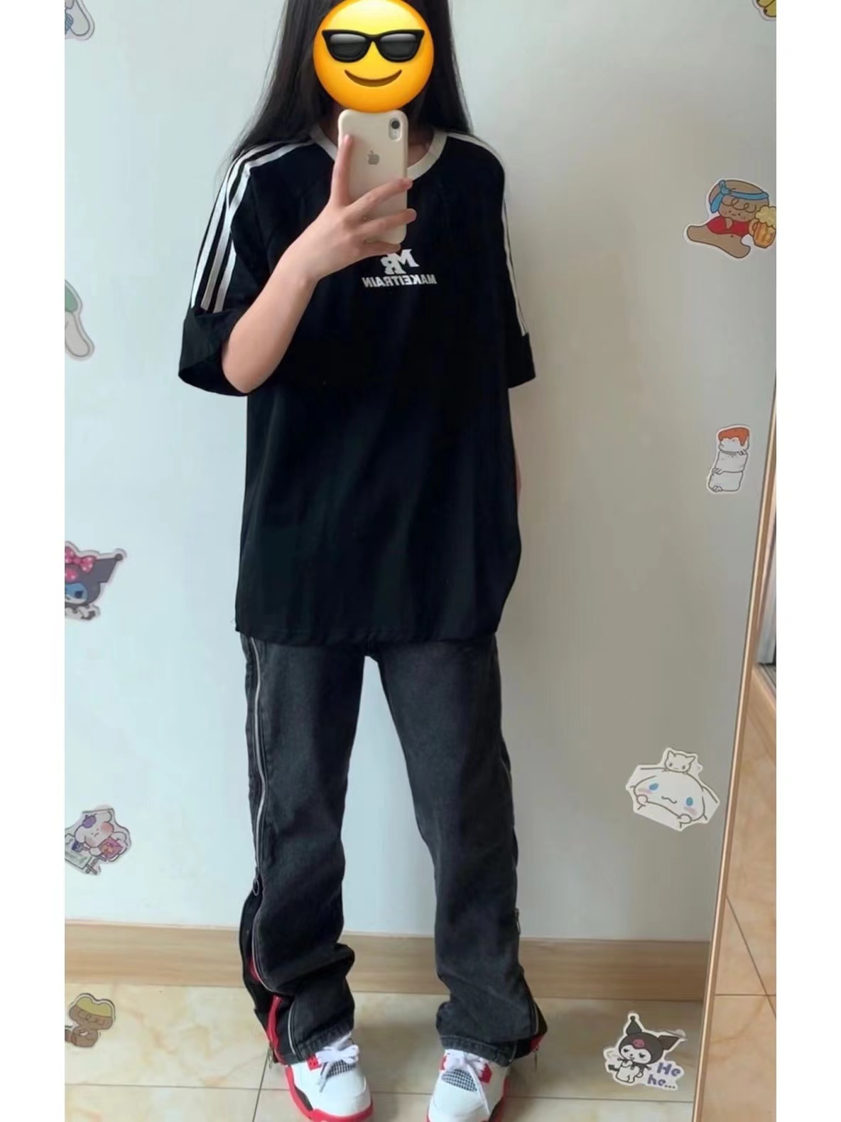 高質量純棉200克21支精梳緊密印花三條槓寬鬆大版落肩短袖恤女