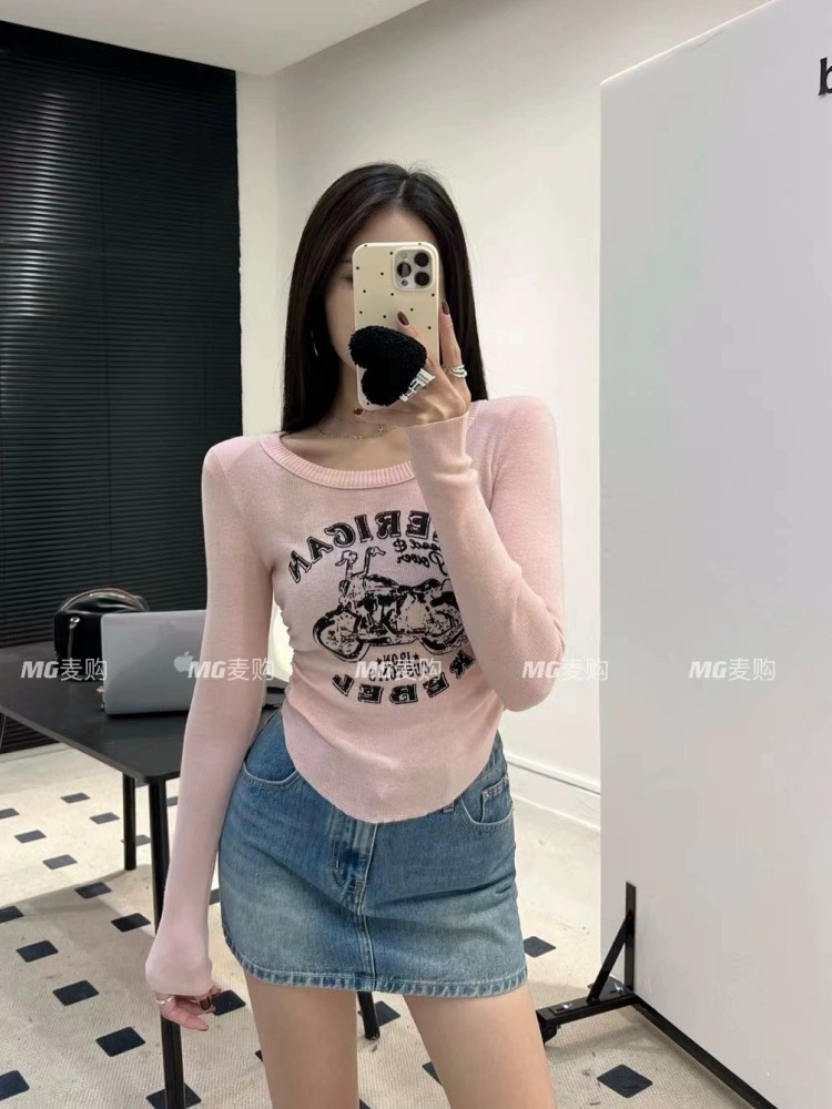 MG2024春季新款韓版氣質字母印花長袖針織衫女修身顯瘦圓領上衣潮