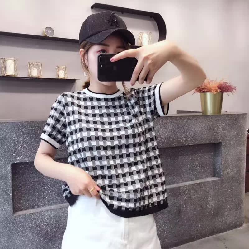 夏季新款chic寬鬆顯瘦雙色拼格圓領百搭短袖上衣女