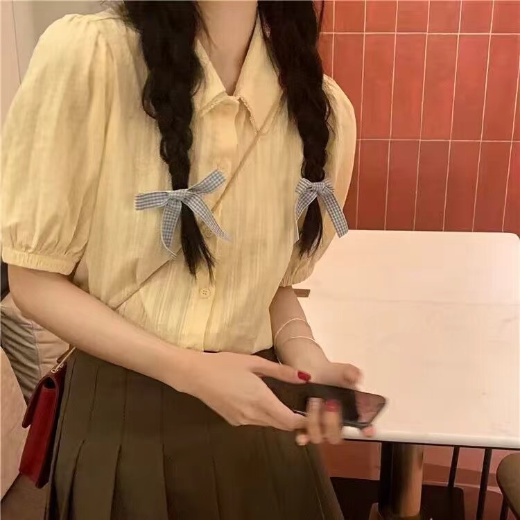 韓版夏季減齡娃娃領設計感小眾文藝短袖襯衫~