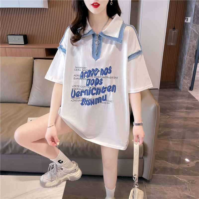 實拍 polo領短袖T恤2024新款夏季大碼寬鬆百搭字母印花上衣女