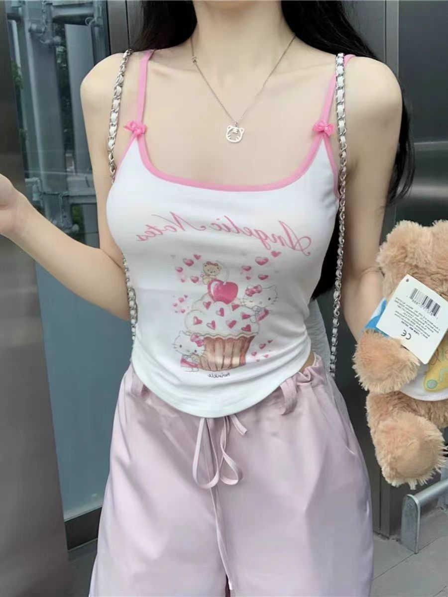 官圖 260隨心裁白色純欲印花吊帶小背心辣妹韓版上衣