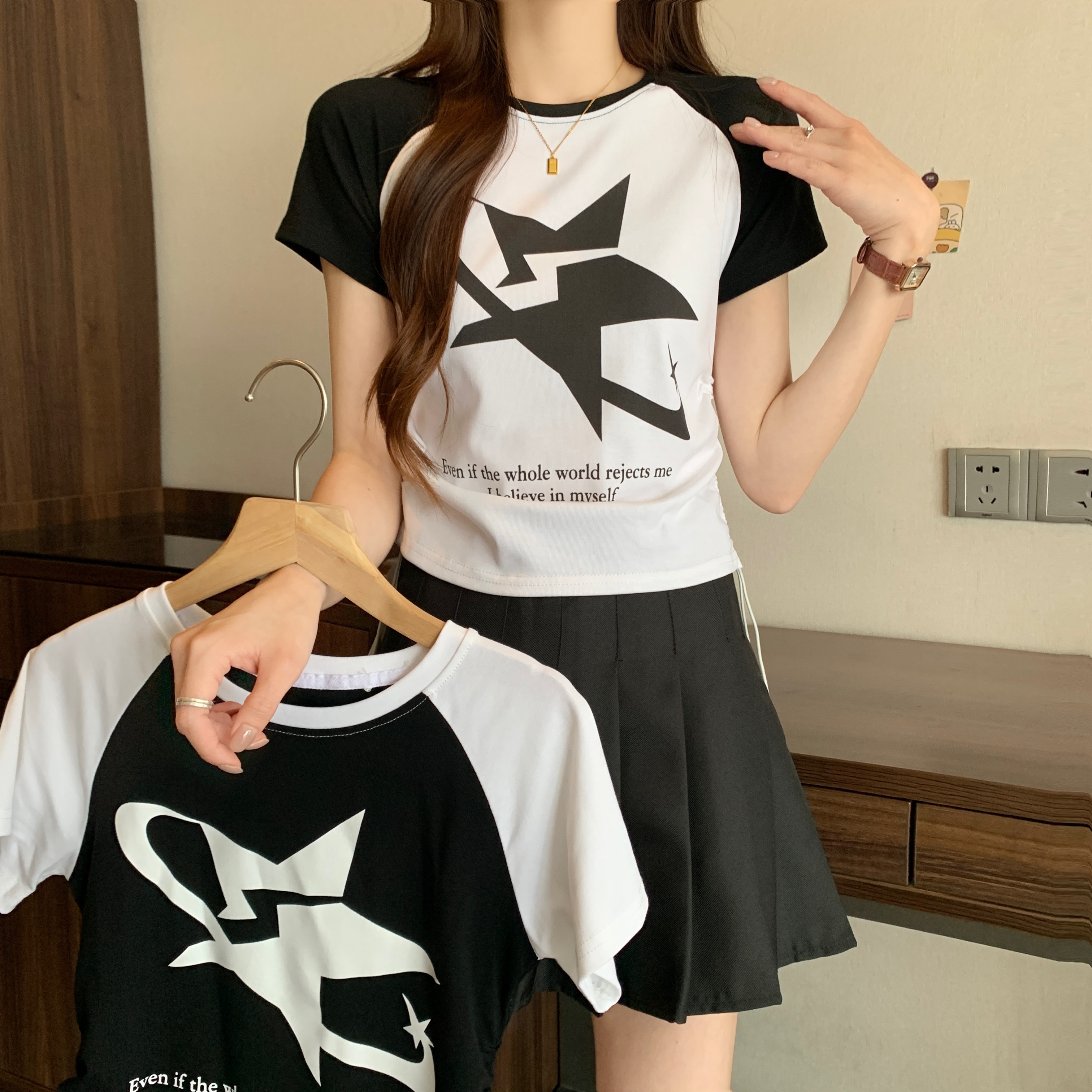 實拍 大碼夏季甜辣抽繩撞色美式插肩印花純棉小眾短袖T恤上衣