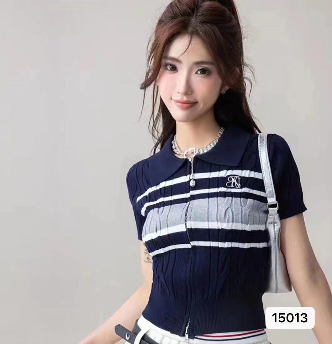 2024夏季新款韓版學院風翻領條紋顯瘦短袖開衫上衣女