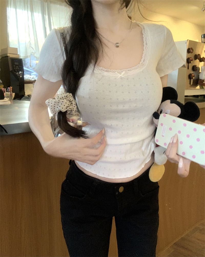 實拍 白色純欲甜美蕾絲修身顯瘦打底女夏季內搭短袖T恤上衣