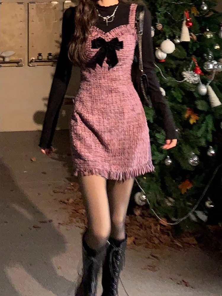 小個子法式吊帶連衣裙子春秋季高級感富家千金新年戰袍小香風套裝