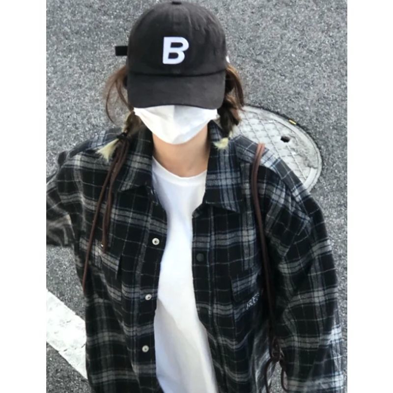 黑白格子襯衫女襯衣長袖外套女上衣2024春秋美式寬鬆休閒慵懶風潮