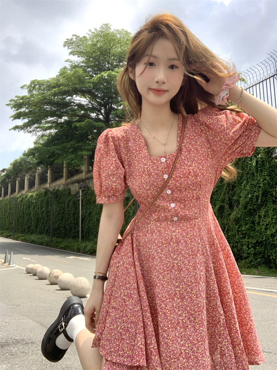 實拍~新款夏季法式溫柔風雪紡女綁帶碎花連衣裙長裙