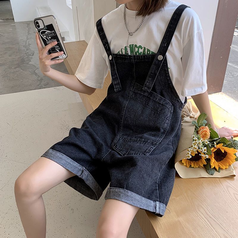 牛仔背帶短褲女2024夏季新款文藝大碼寬鬆顯瘦休閒高腰五分連體褲