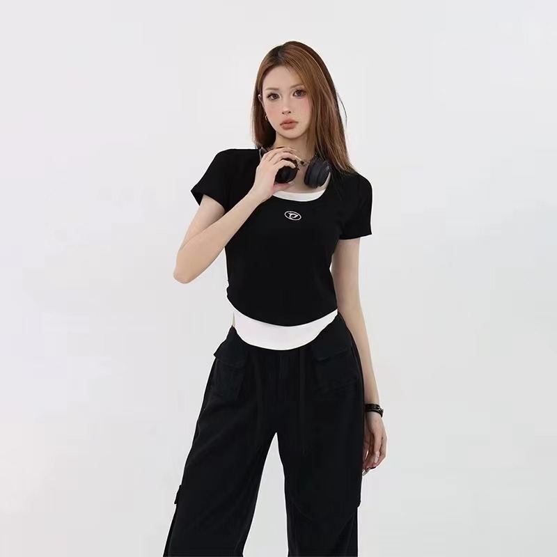 美式新款假兩件吊帶工字小背心女夏外穿美式無袖辣妹短款上衣
