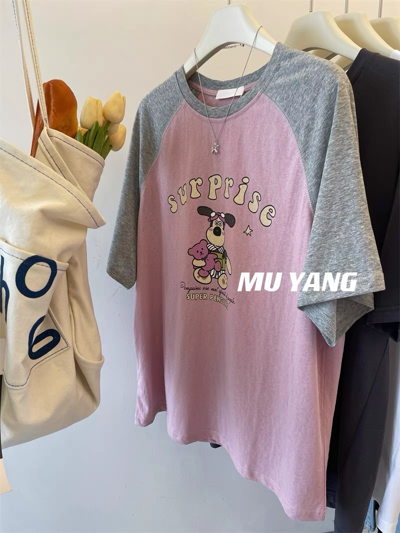 歐貨純棉插肩短袖t恤女2024新款夏季寬鬆大碼減齡獨特别致上衣潮