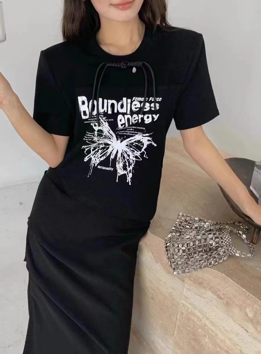 網紅同款2024春季新款新中式時尚韓版女百搭蝴蝶印花T恤
