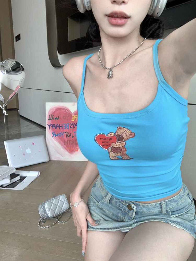 小熊印花卡通吊帶背心女內搭夏季設計感辣妹短款外穿修身上衣