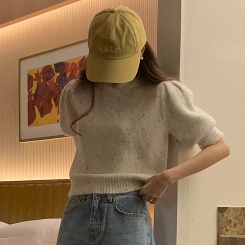 韓國chic春季溫柔氣質圓領混色設計感寬鬆百搭短袖針織衫毛衣女