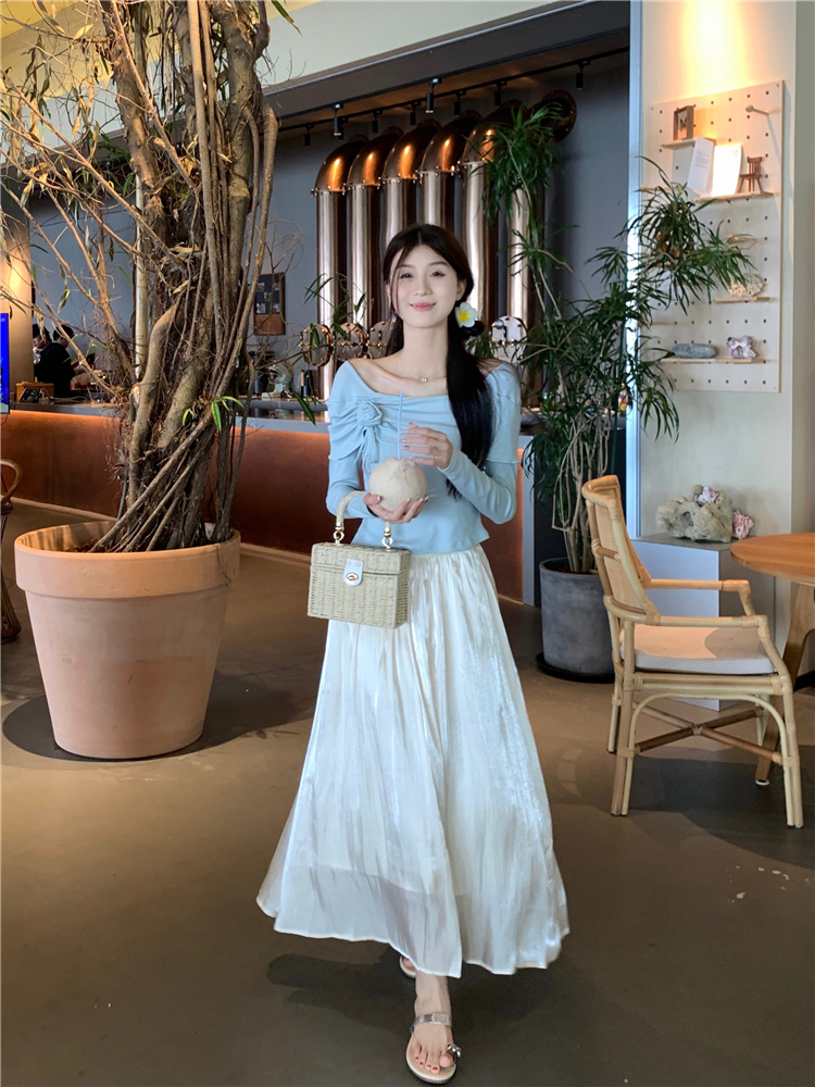 Real shot ~ French retro gentle style irregular T-shirt + versatile mid-length skirt suit