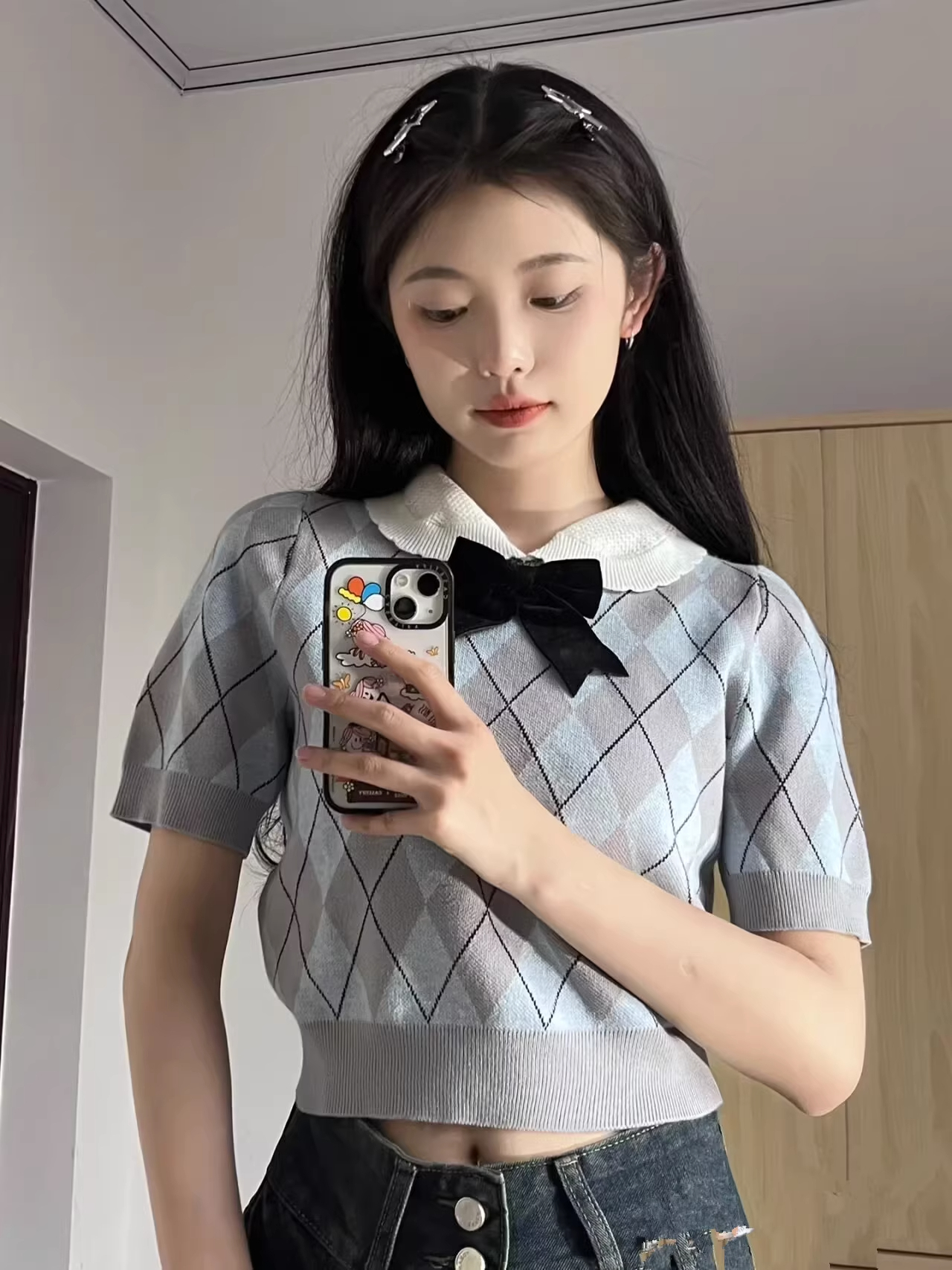 Baby doll collar short-sleeved right shoulder T-shirt for women 2024 summer new design niche short sweet spicy knitted top