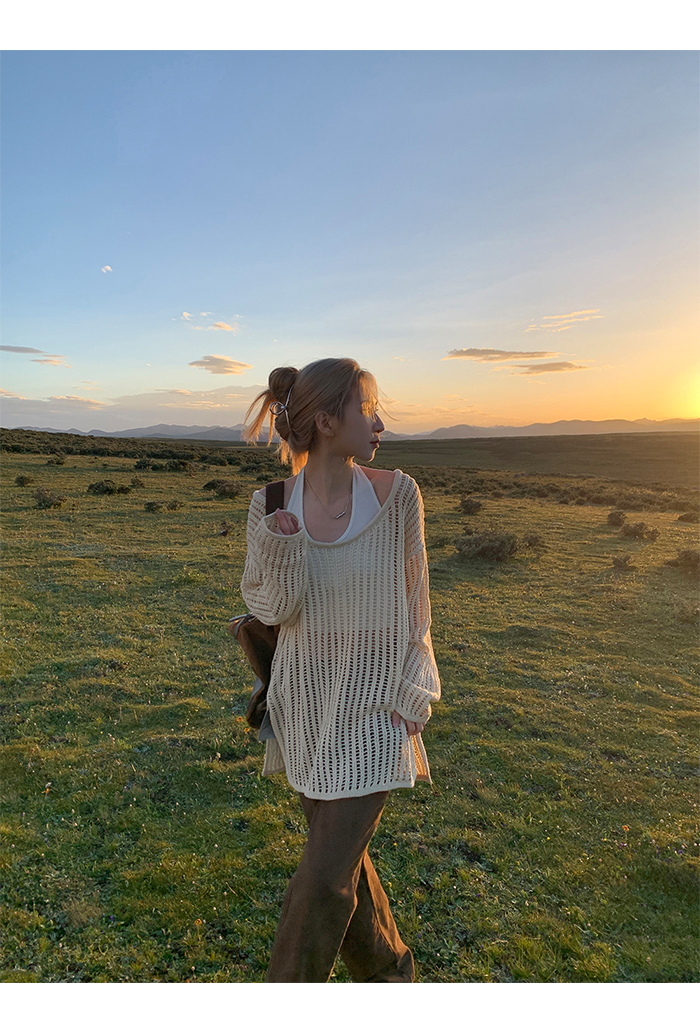 Red Man Hall outer blouse women's summer thin long lazy air-conditioning shirt high-end top long-sleeved hollow sweater