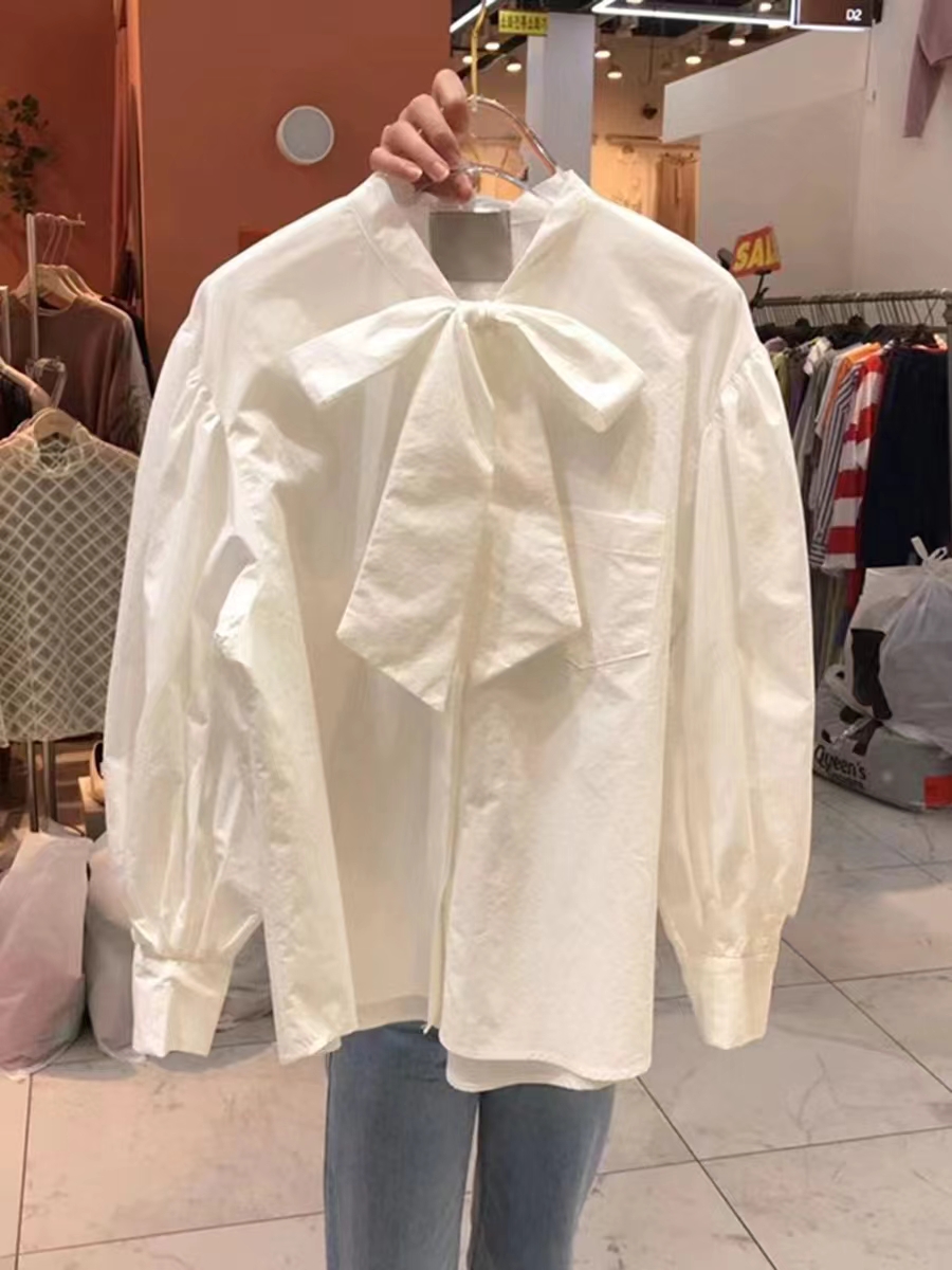 超大蝴蝶結oversize白色襯衫女秋復古闊版寬鬆長袖上衣