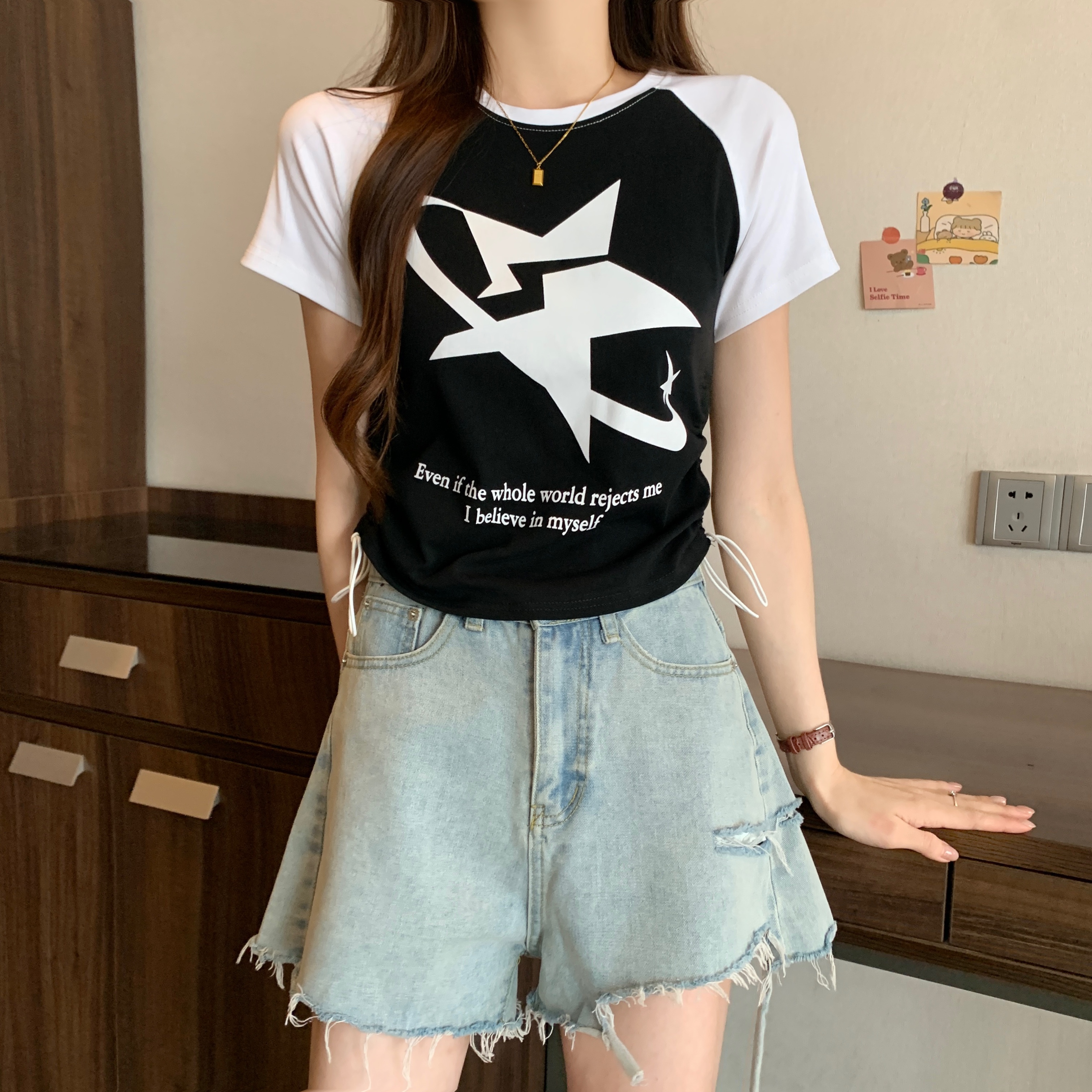實拍 大碼夏季甜辣抽繩撞色美式插肩印花純棉小眾短袖T恤上衣