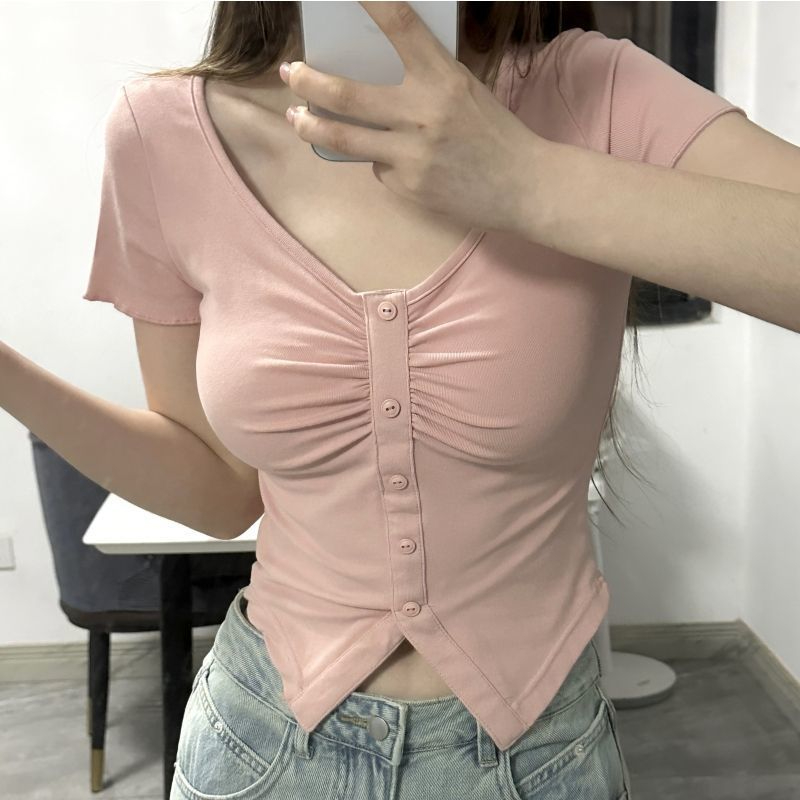 純欲辣妹粉色修身短袖T恤女夏季短款打底衫上衣女