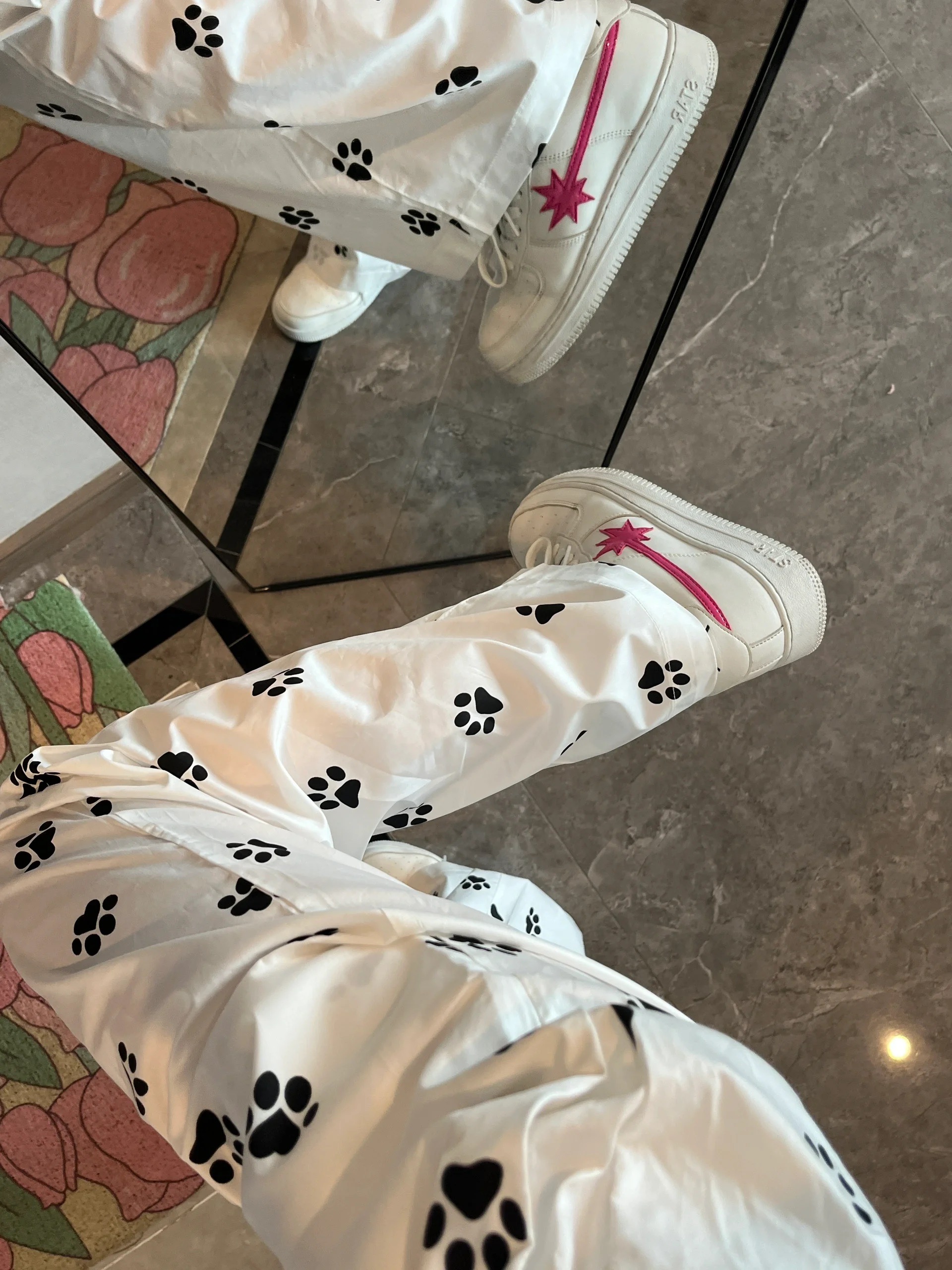 美式可愛狗狗腳印白色衛褲女直筒春夏街頭簡約休閒小眾闊腿顯瘦褲