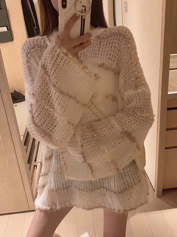 Autumn new style loose lazy style mid-length sweater skirt women's thin sweater fairy hollow top blouse morning