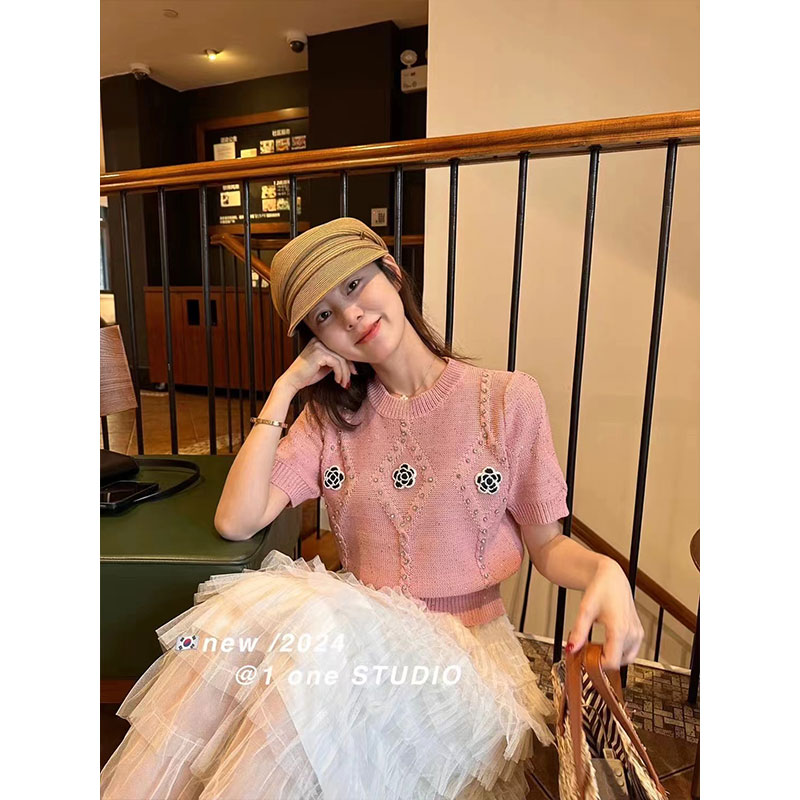 小香風山茶花圓領套頭短袖針織衫女春夏甜美釘珠收腰短款上衣