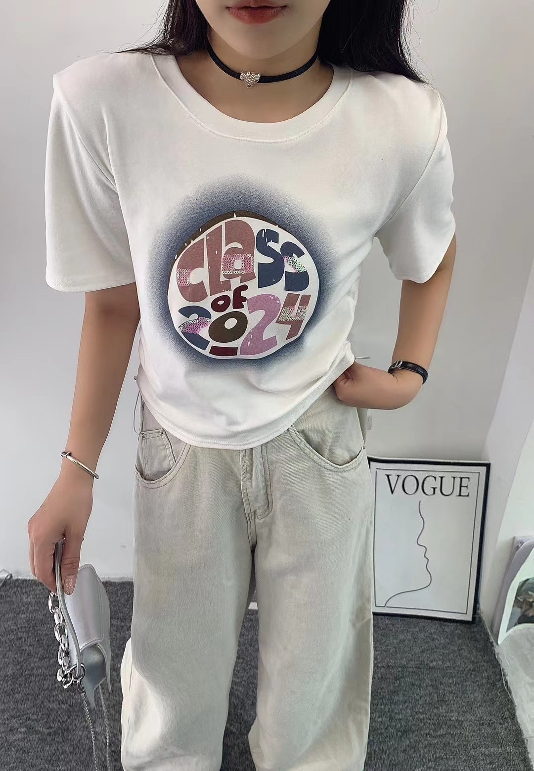 字母珠片刺繡抽繩T恤女夏季美式復古辣妹短款收腰顯瘦短袖體恤