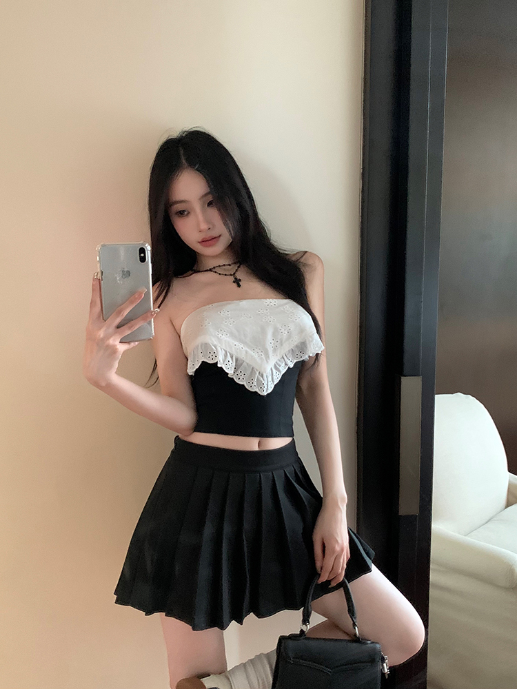 實拍 Jennie同款蕾絲花邊拼接黑白撞色抹胸不規則辣妹風上衣