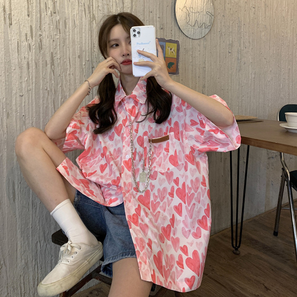 實拍2024新款少女愛心印花襯衫女薄款短袖襯衣設計感小眾鏈條港味