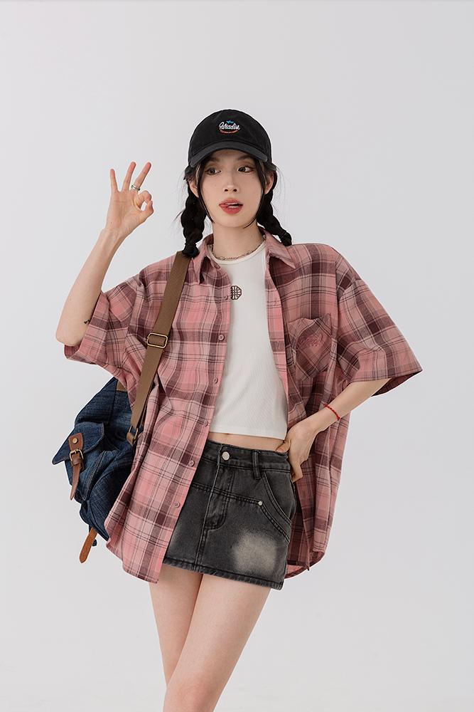 吵吵家格子襯衫女春秋休閒小眾設計感復古慵懶風外套防曬上衣薄款
