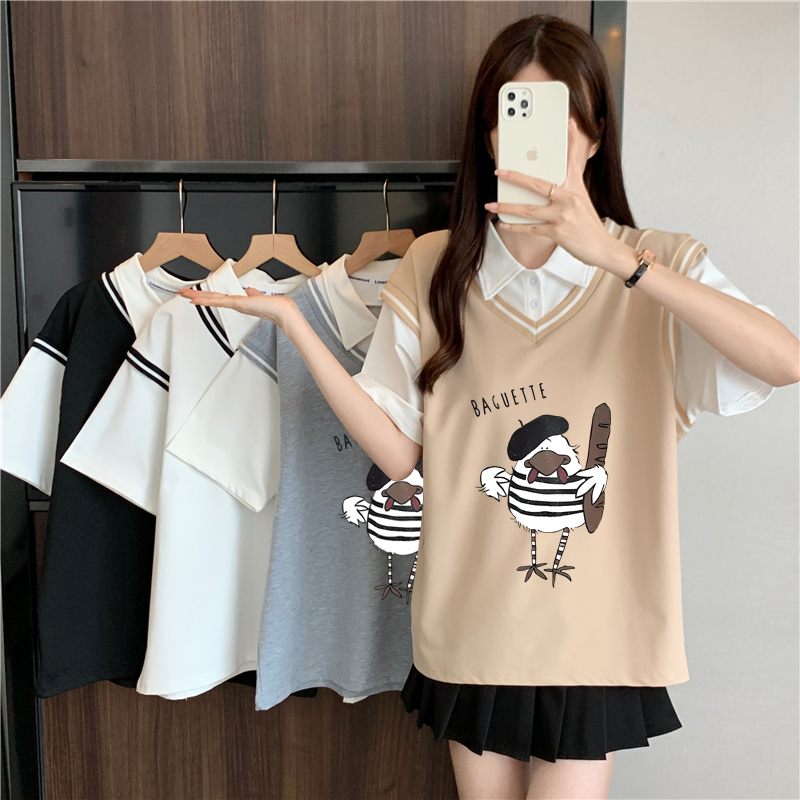 實拍100聚酯纖維假兩件Polo夏季新款寬鬆大碼短袖t恤女