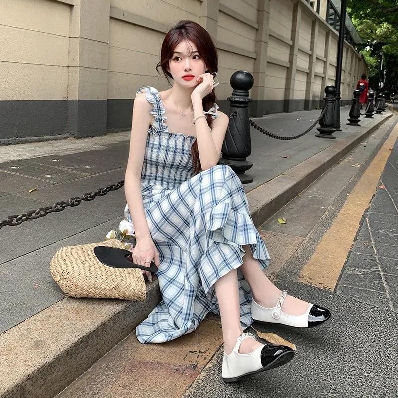 春秋新款通勤方領高腰顯瘦長款打攬連衣裙夏季無袖格紋吊帶裙