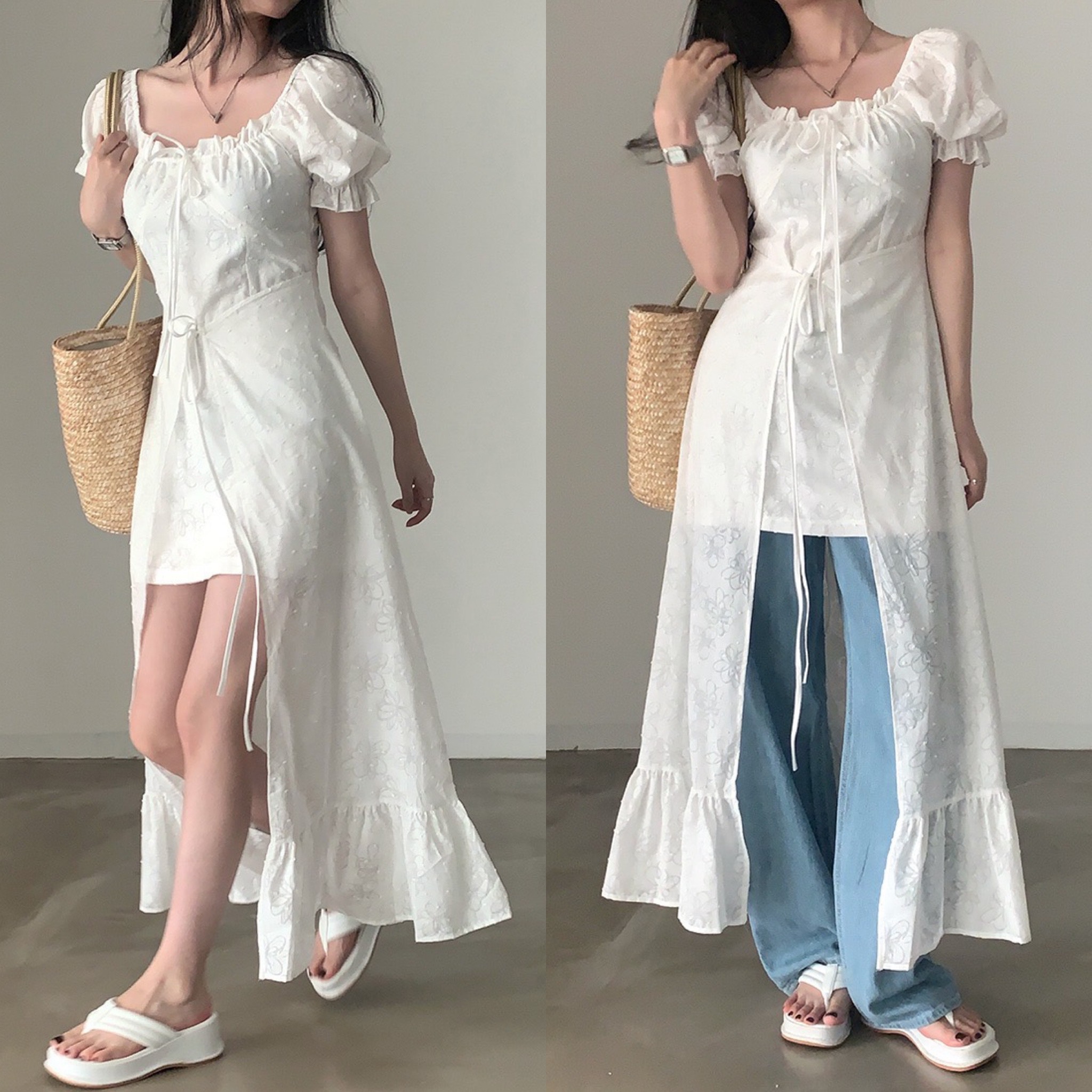 Korean chic niche design jacquard ballet style lace-up ruffled puff sleeve dress