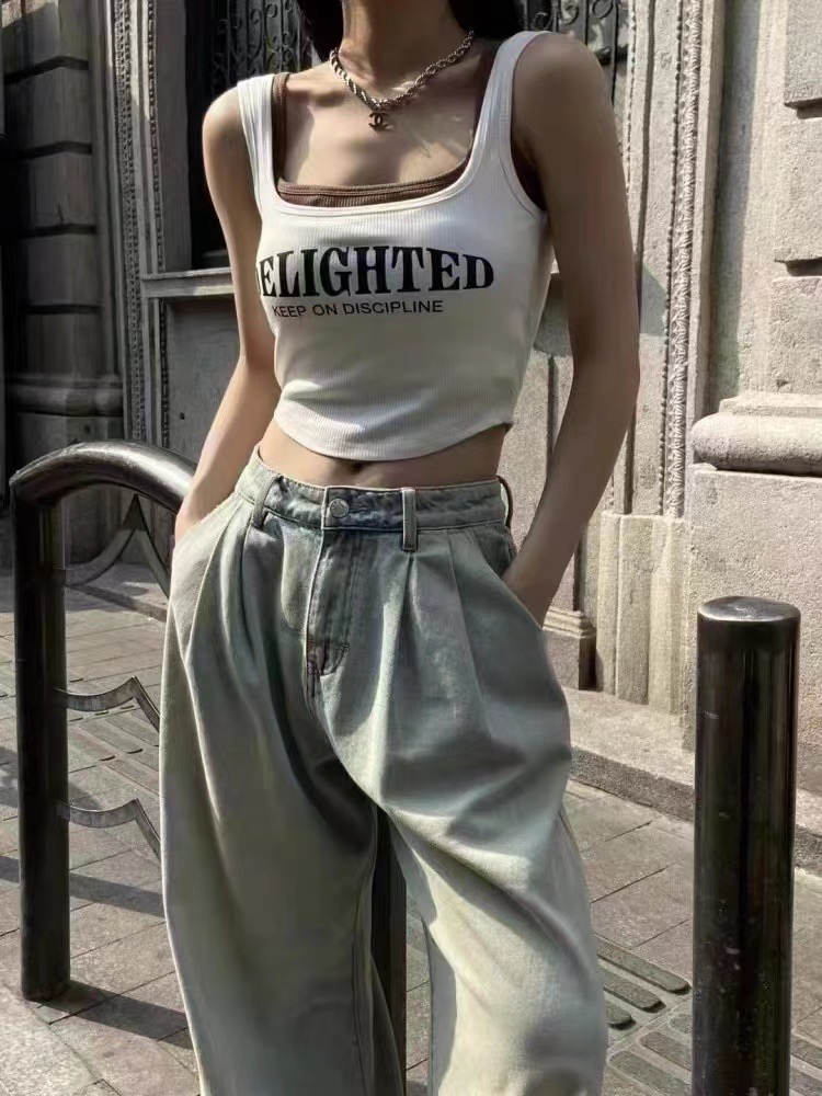 抹胸辣妹吊帶背心女2024新款夏季美式印花甜酷性感帶胸墊內衣上衣
