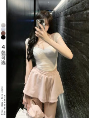 獨特别致小衫性感v領高腰露臍純欲上衣女T夏辣妹短款掛脖吊帶外穿