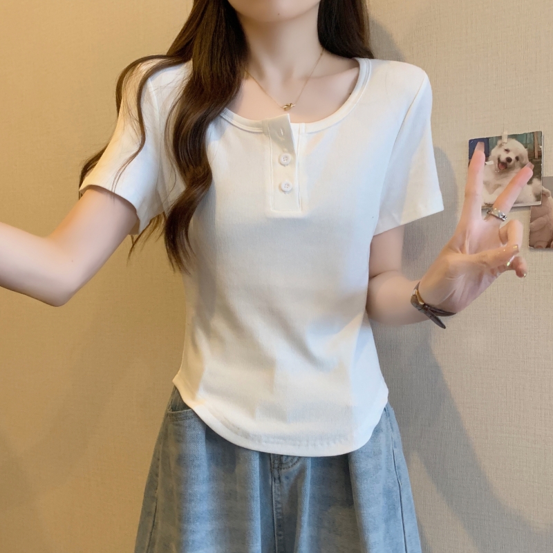 實拍  40支純棉 2024夏裝3粒紐小眾設計感短袖T恤女