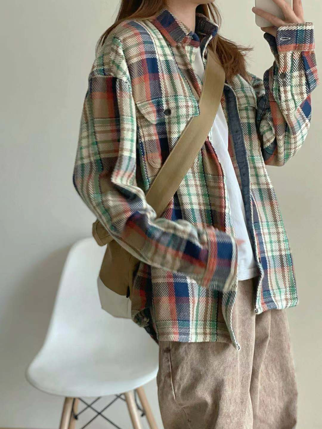 早春新款港味鹽甜系少女感酷女孩格子襯衫女外套開衫外穿防曬衣潮