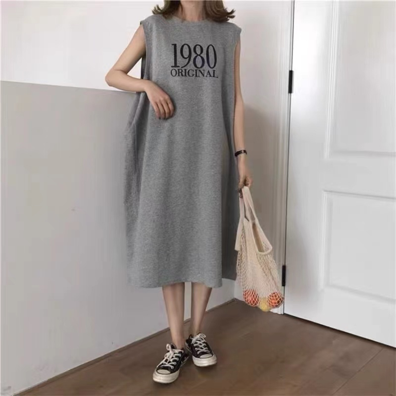 仿棉牛奶絲# 夏季無袖T恤長裙簡約字母印花上衣背心裙子