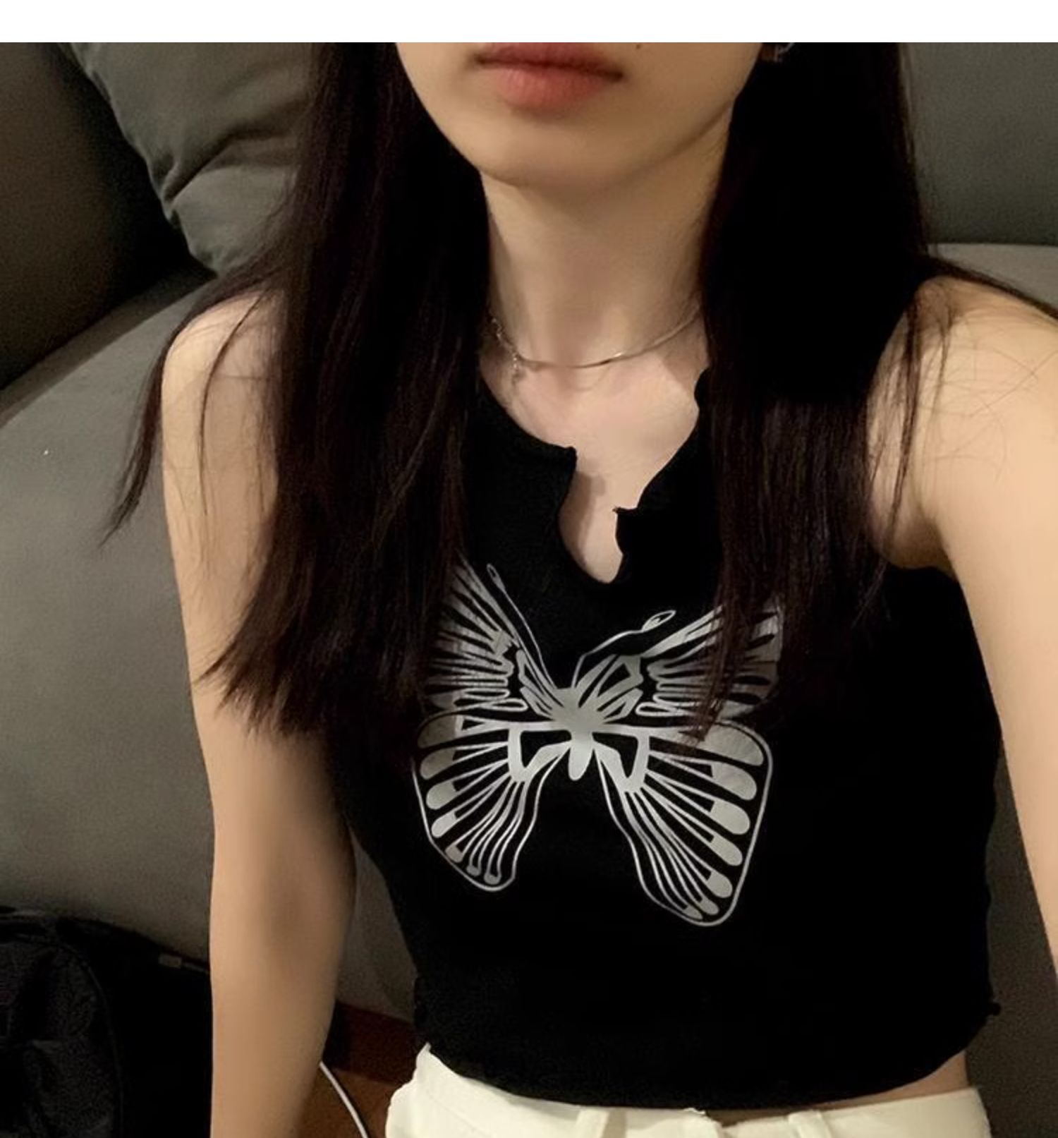 春秋新款百搭韓版設計蝴蝶印花吊帶背心女露臍短款ins上衣
