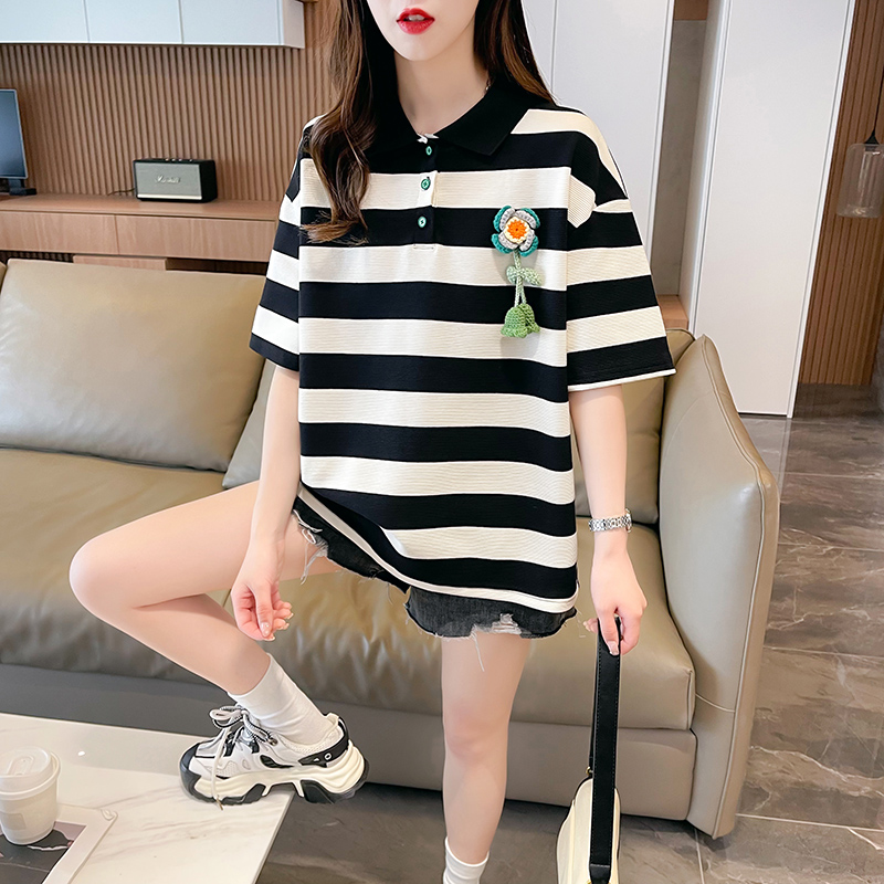 實拍 新款百搭POLO領條紋短袖T恤女夏季設計感韓版寬鬆上衣潮