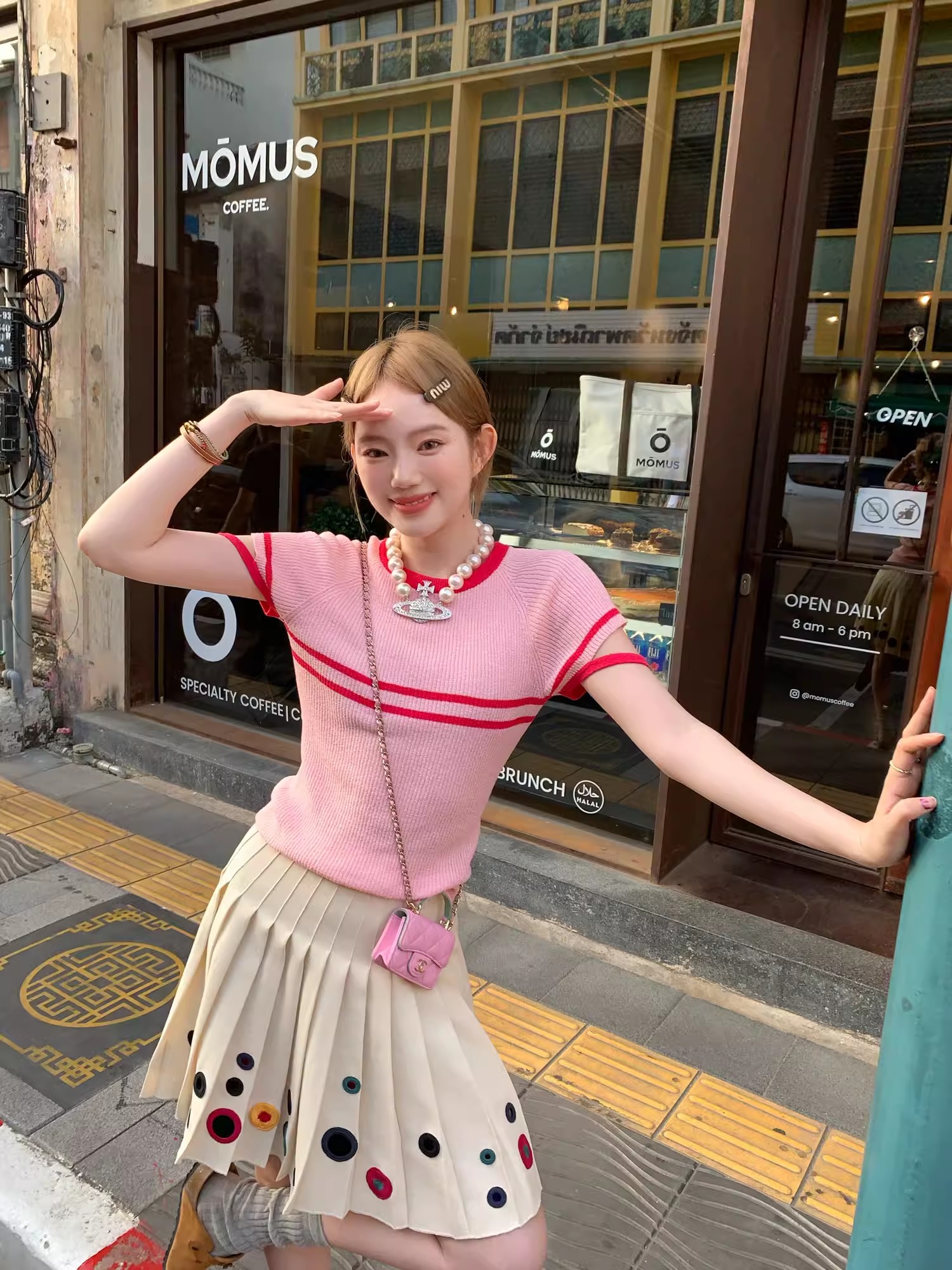 Realzz一甯章章草莓千層 春夏輕甜少女冰曲撞色條紋針織短袖t恤