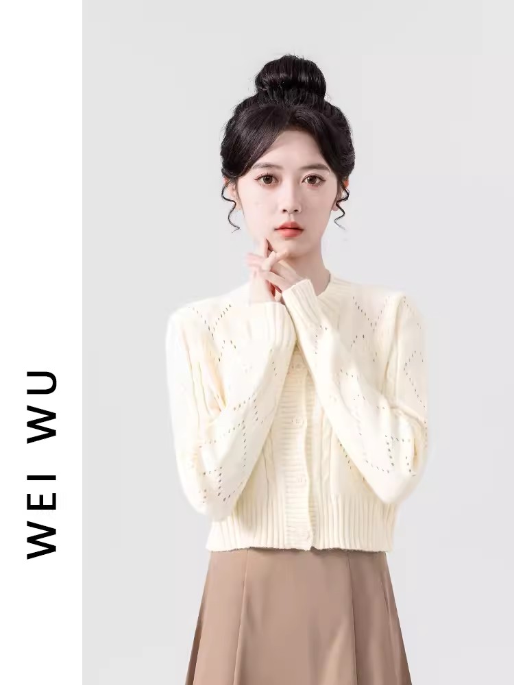 Apricot round neck short hollow knitted cardigan for women spring and autumn 2024 new design thin sweater jacket top
