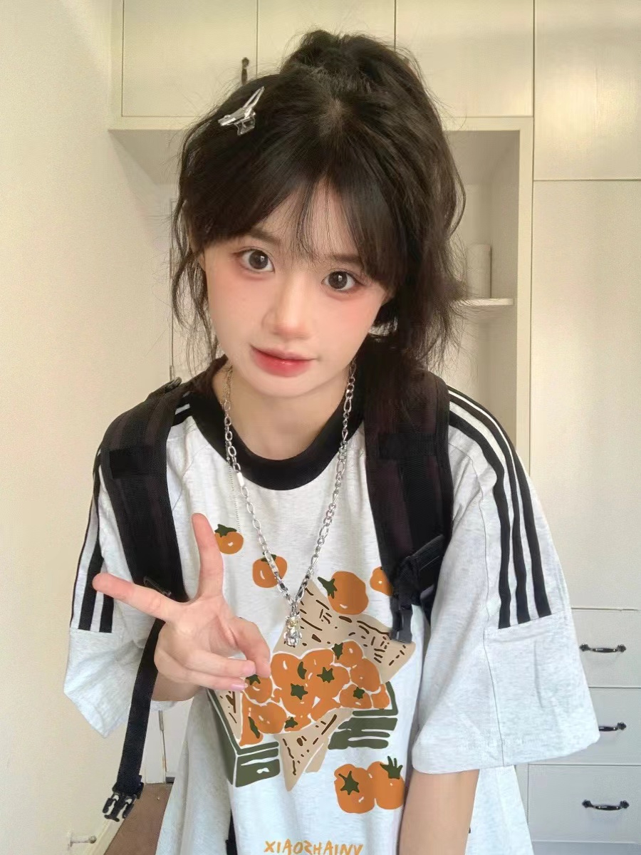 撞色短袖T恤女三條杆打底上衣寬鬆百搭