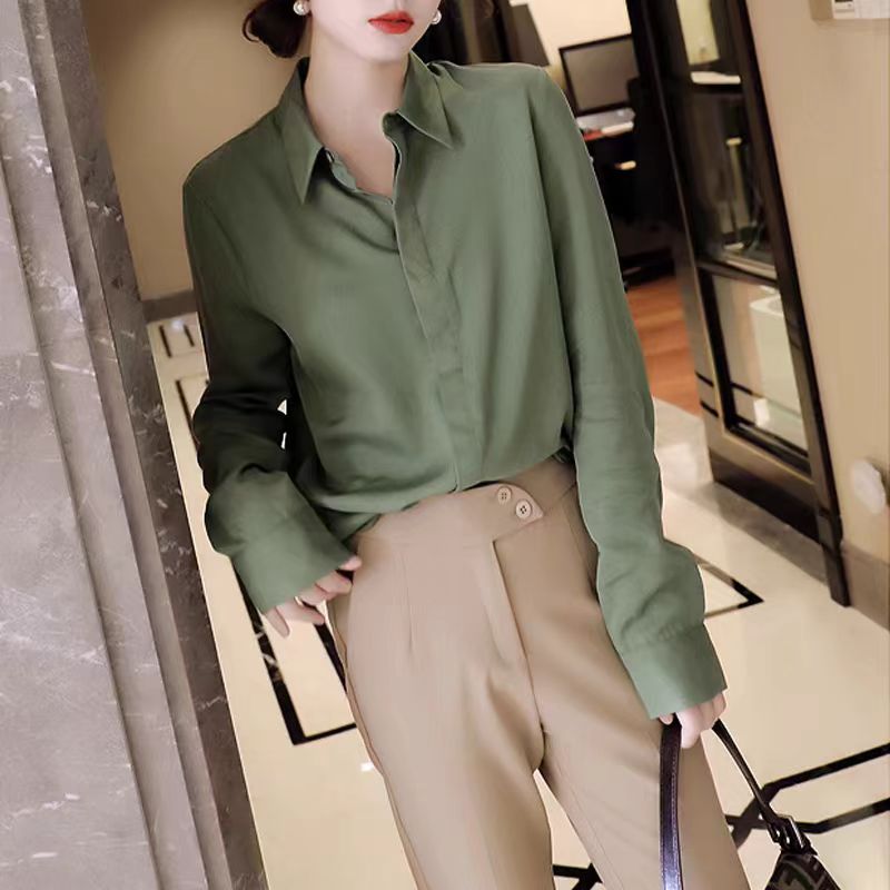 2024春裝襯衫女設計感小眾休閒寬鬆疊穿抗皺襯衣OL氣質抹茶綠上衣