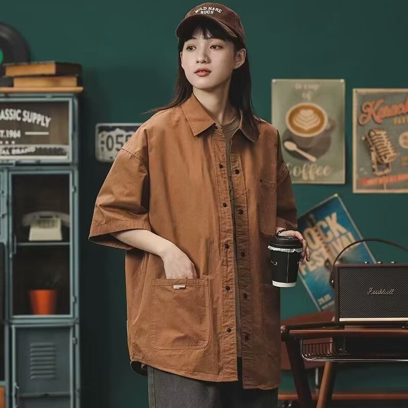 日系復古工裝短袖襯衫男女寬鬆廓形半袖襯衣夏季高街潮牌休閒上衣