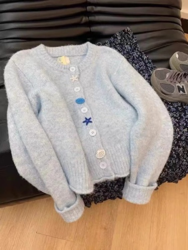 Lazy style soft and waxy milk blue sweater for women spring and autumn 2024 new high-end soft and waxy knitted cardigan
