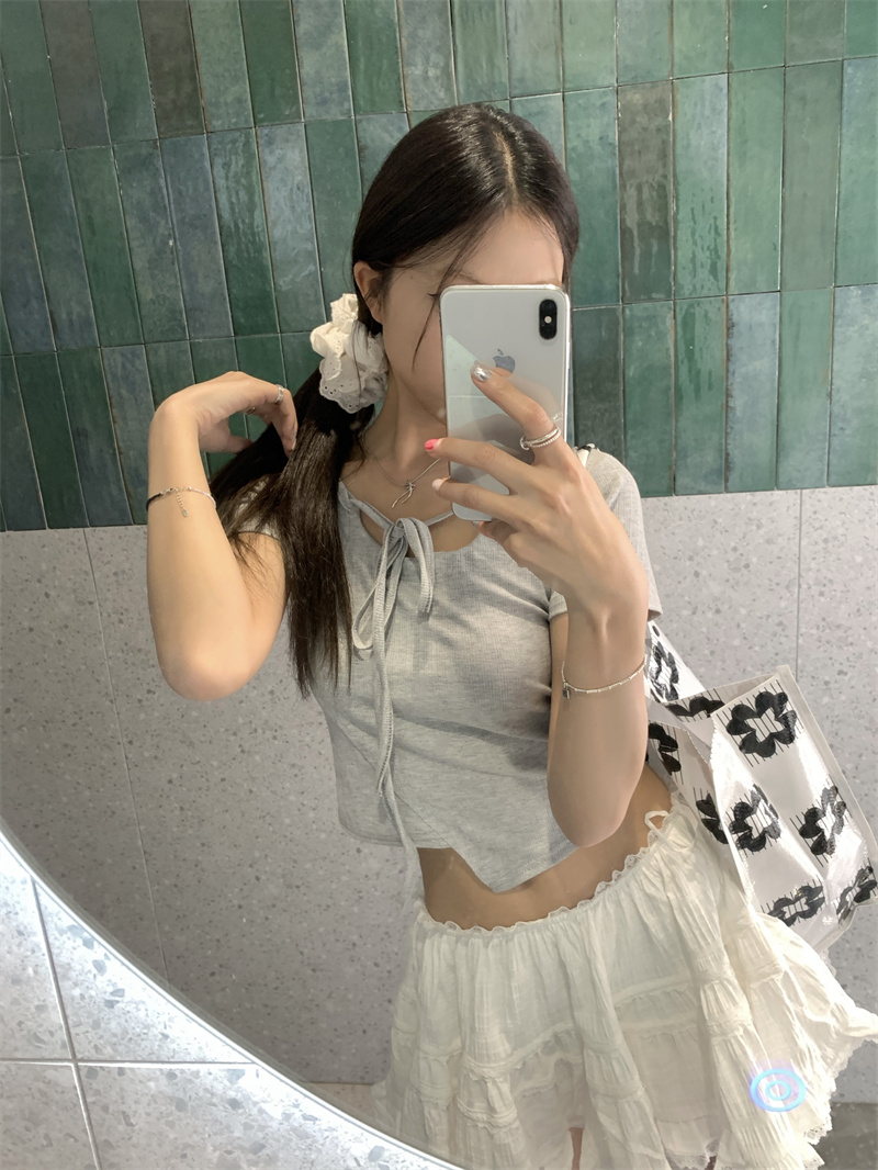 實拍~綁帶t恤夏女新款設計感小眾圓領吊帶一字肩短款上衣